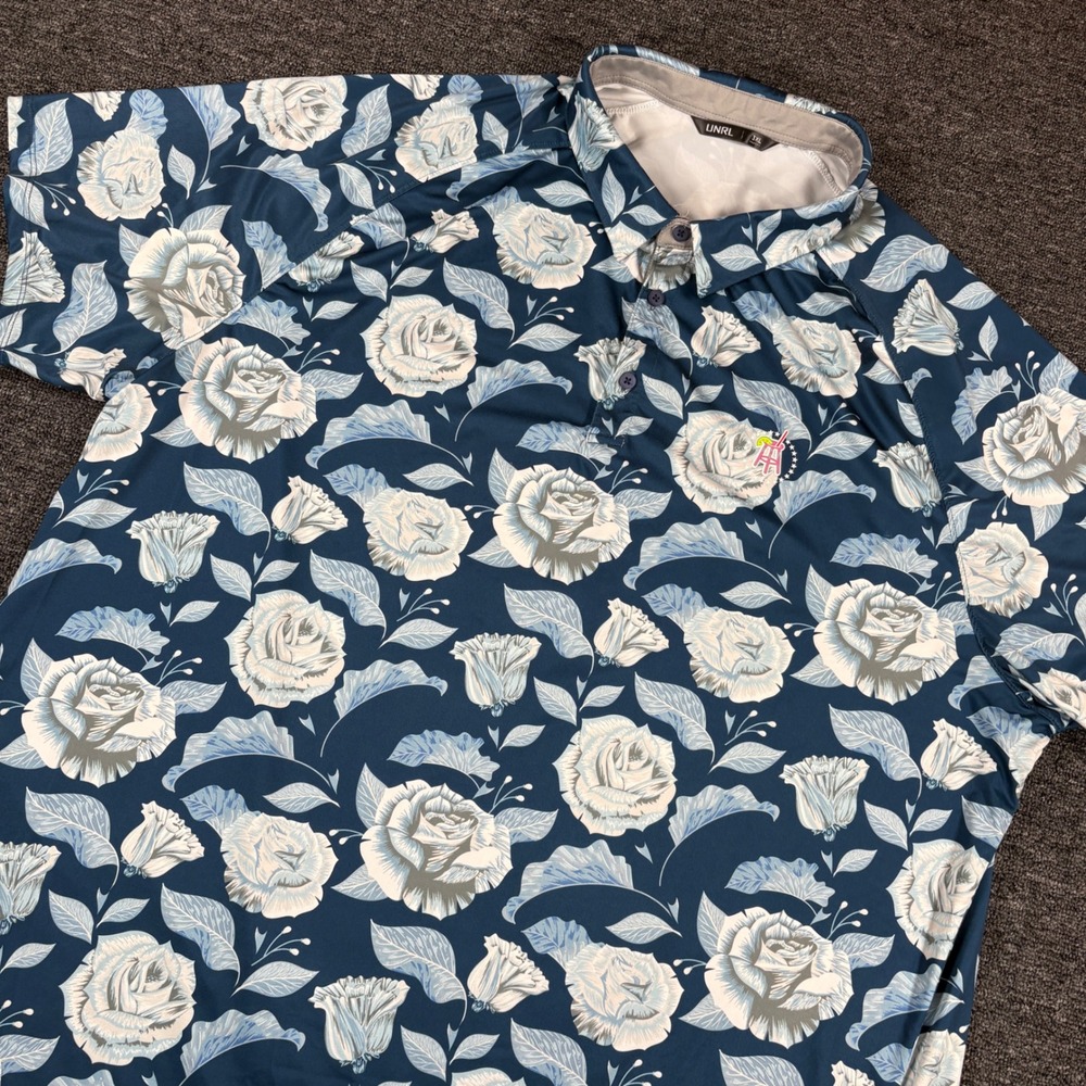 UNRL Polo Shirt Mens 3XL Blue Floral Barstool Sports Rose Print Athletic Fit